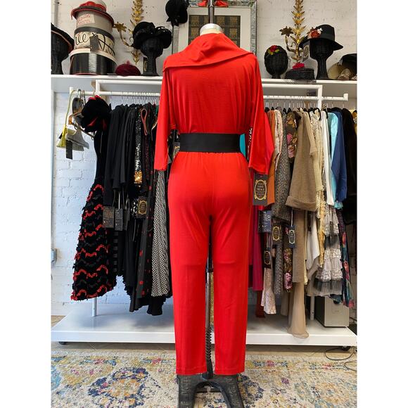 vintage 1980s red jersey jumpsuit by fantaseas medium snap front avant garde 80s - Picture 7 of 10